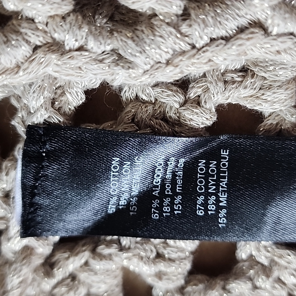 Chico's black label taupe open front crochet sweater gold metallic-1 - Picture 6 of 8